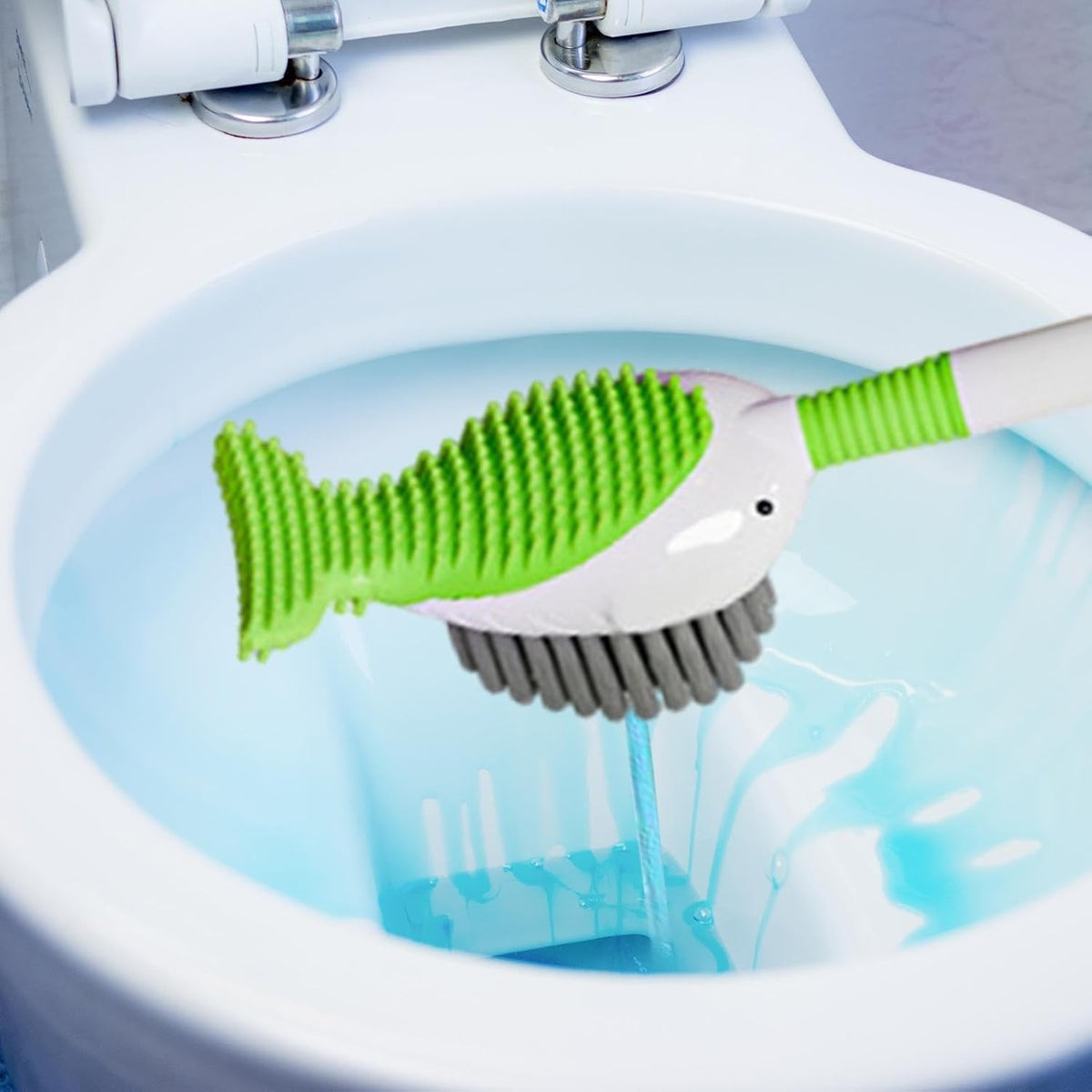 Perie de Toaleta cu Rezervor Detergent, Suport de Perete fara Gaurire, 2 Tipuri de Perii TPR si PET, Model Balena, Verde, 41 cm