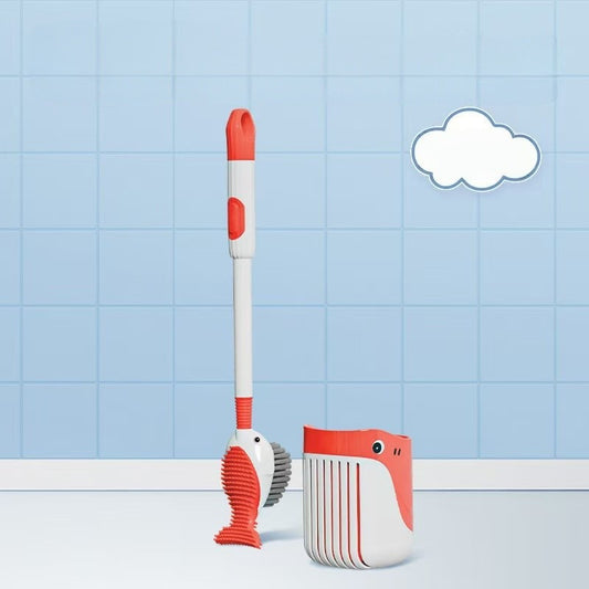 Perie de Toaleta cu Suport de Perete, Recipient Detergent si 2 Tipuri de Perii, Montare fara Gaurire, Model Balena, TPR si Silicon, Rosu