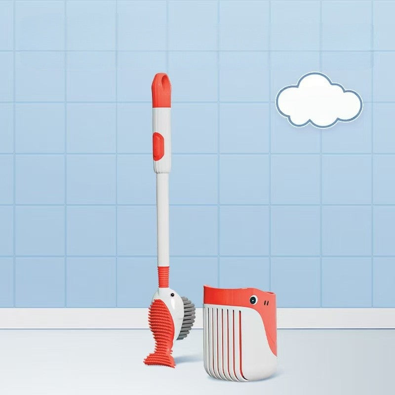 Perie de Toaleta cu Suport de Perete, Recipient Detergent si 2 Tipuri de Perii, Montare fara Gaurire, Model Balena, TPR si Silicon, Rosu