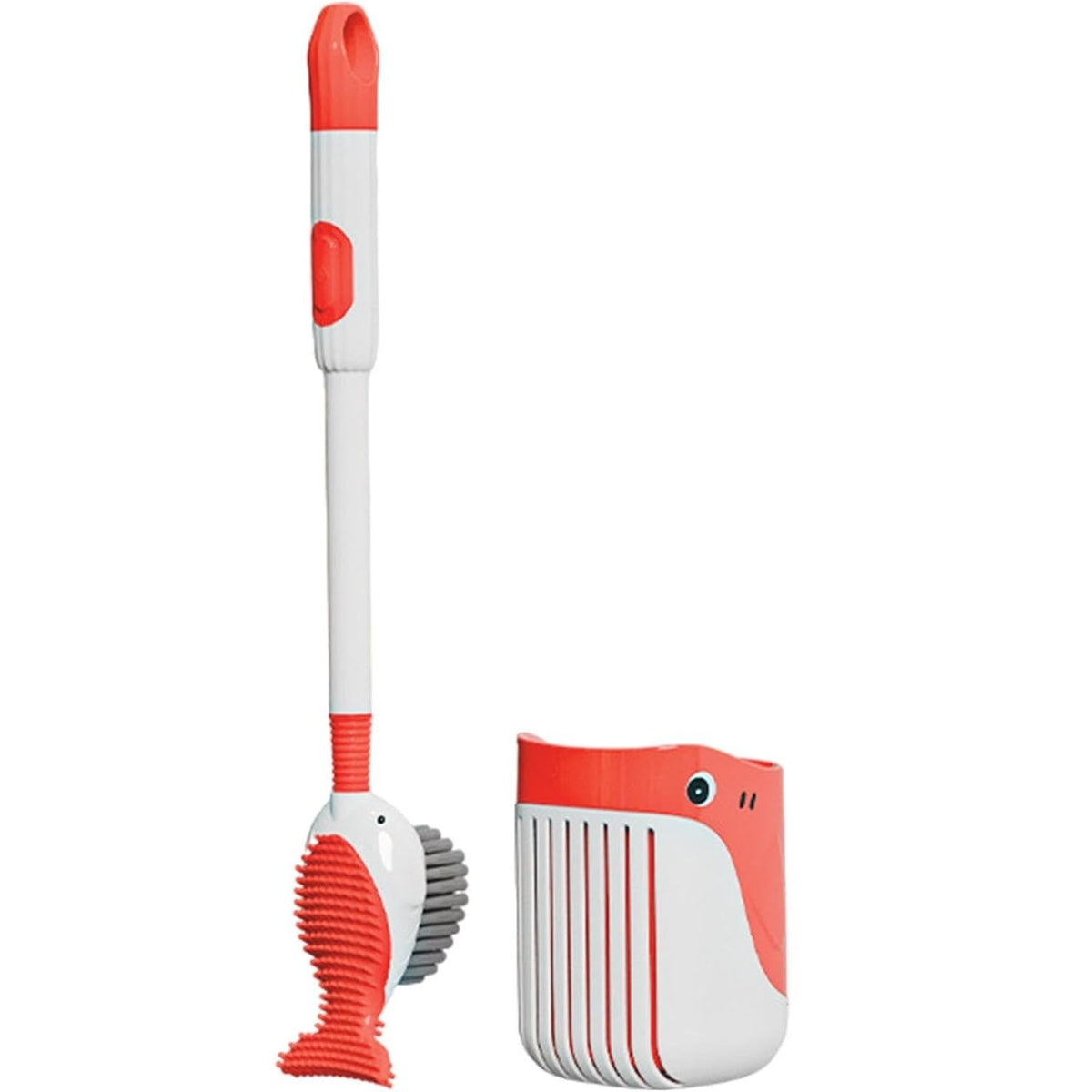 Perie de Toaleta cu Suport de Perete, Recipient Detergent si 2 Tipuri de Perii, Montare fara Gaurire, Model Balena, TPR si Silicon, Rosu
