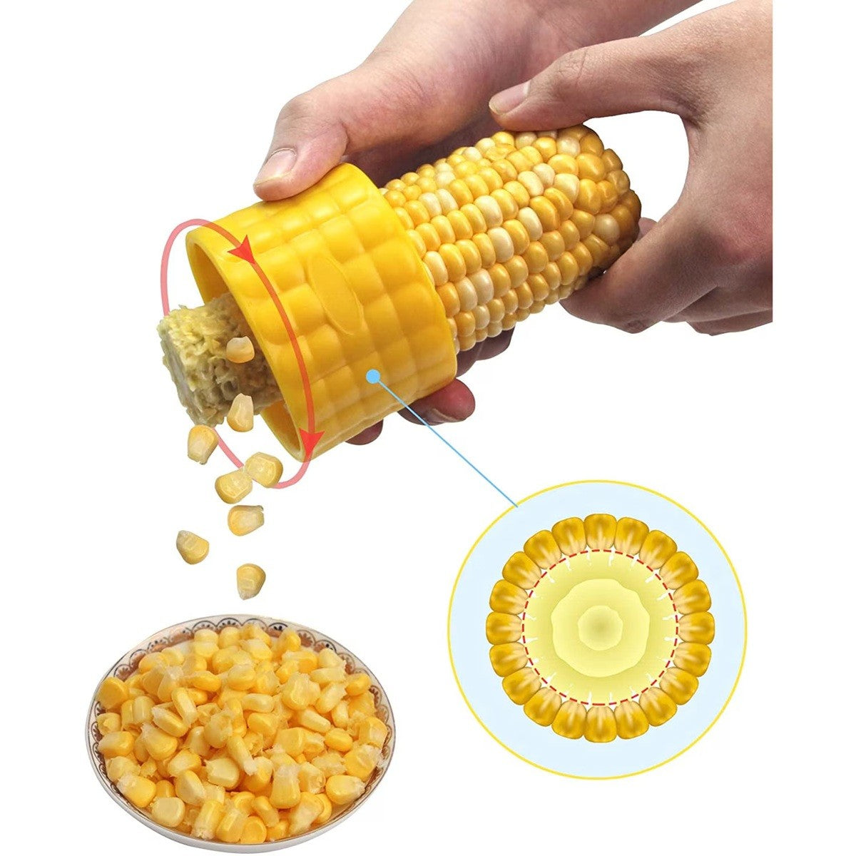 Ustensila pentru Curatare Porumb, Separator Boabe cu Sistem Rotativ, Otel Inoxidabil si Plastic ABS, Diametru 3.6 cm, Galben
