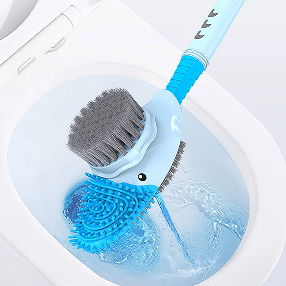 Perie de Toaletă cu Rezervor Detergent, 2 Tipuri de Perii TPR și PET, Suport de Perete Fără Găurire, Model Rață, Albastru