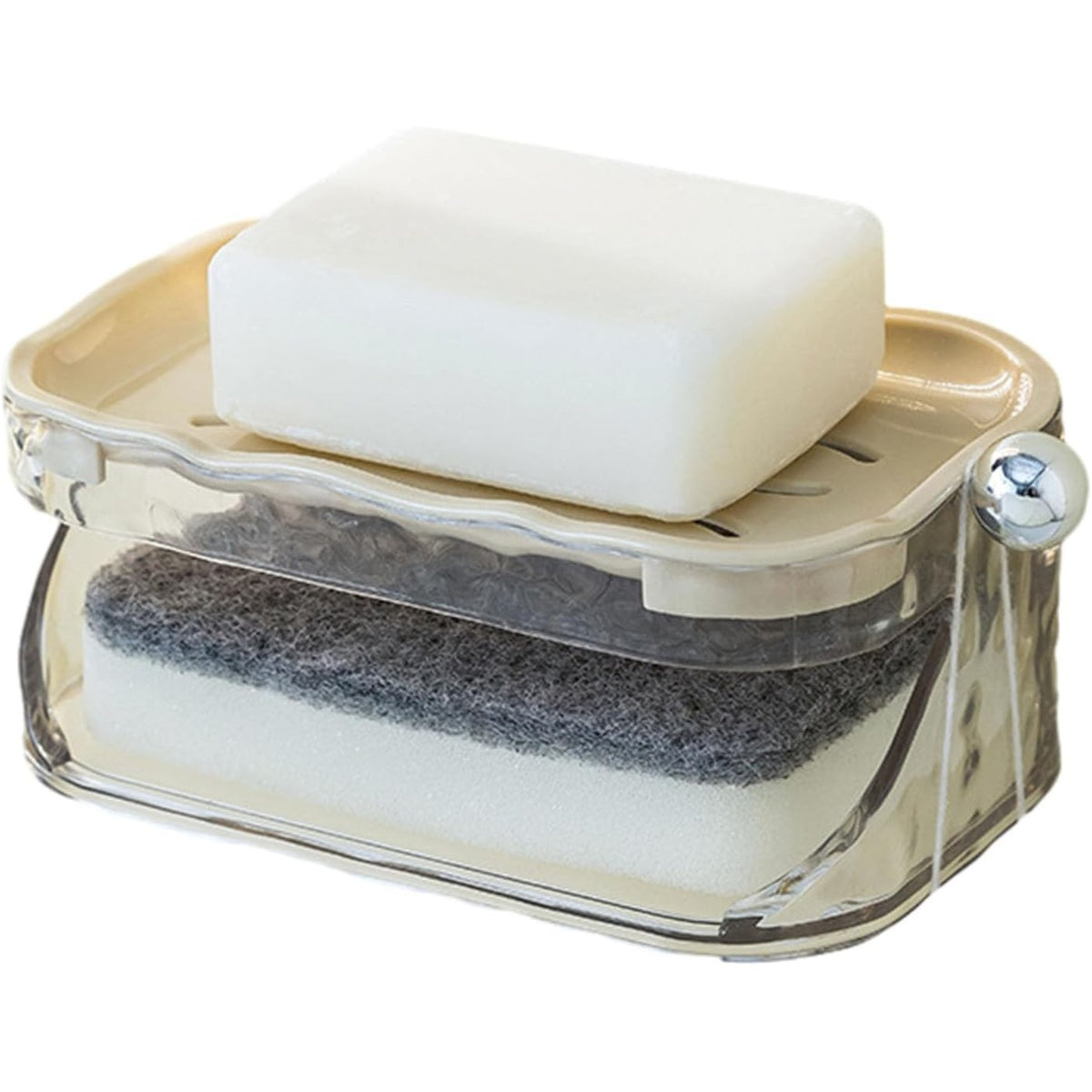 Savonieră Dublă Pentru Baie, Montare Fără Găurire Cu Adeziv, Suport 2 Niveluri Cu Scurgere Și Agățătoare Burete, Material PET, 13.5 x 8.5 x 6 cm, Bej
