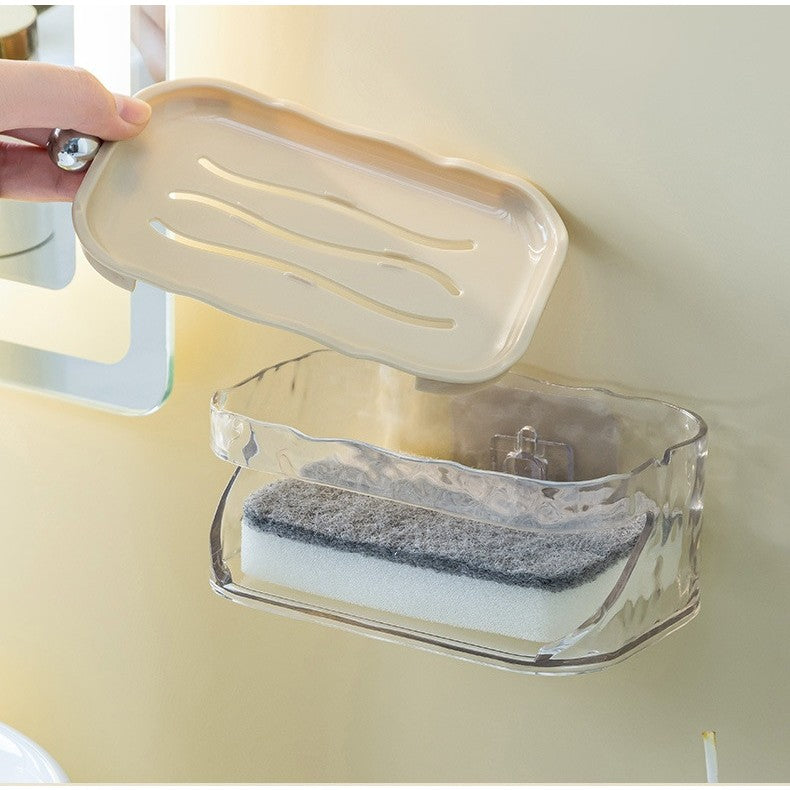 Savonieră Dublă Pentru Baie, Montare Fără Găurire Cu Adeziv, Suport 2 Niveluri Cu Scurgere Și Agățătoare Burete, Material PET, 13.5 x 8.5 x 6 cm, Bej