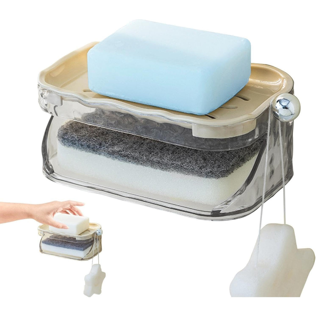 Savonieră Dublă Pentru Baie, Montare Fără Găurire Cu Adeziv, Suport 2 Niveluri Cu Scurgere Și Agățătoare Burete, Material PET, 13.5 x 8.5 x 6 cm, Bej