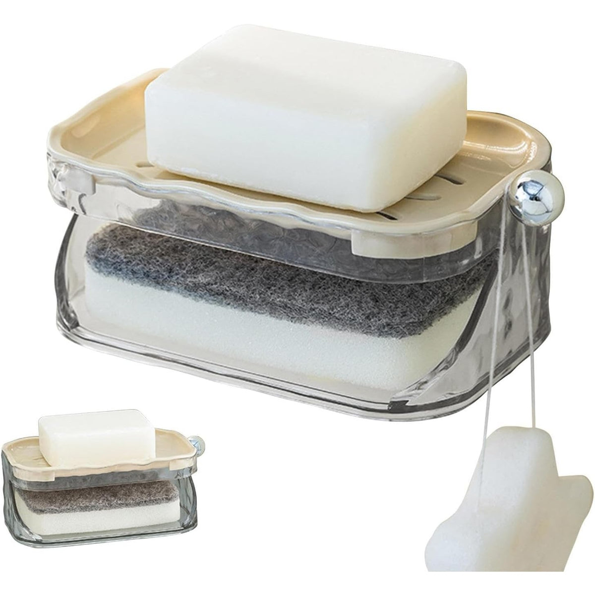 Savonieră Dublă Pentru Baie, Montare Fără Găurire Cu Adeziv, Suport 2 Niveluri Cu Scurgere Și Agățătoare Burete, Material PET, 13.5 x 8.5 x 6 cm, Bej