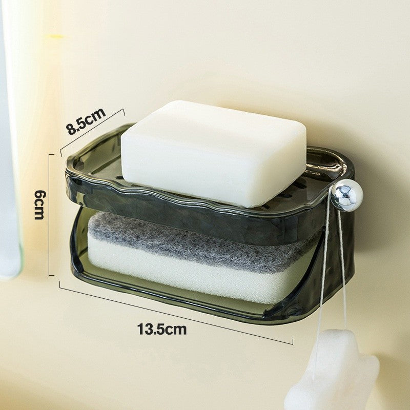 Savonieră Dublă Pentru Baie, Suport Săpun Cu 2 Straturi Și Agățătoare Burete, Montare Fără Găurire, Material PET, 13.5 x 8.5 x 6 cm, Verde Închis