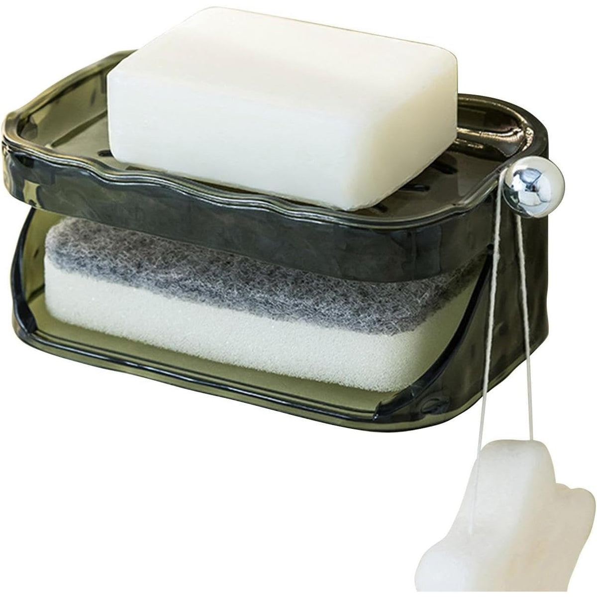 Savonieră Dublă Pentru Baie, Suport Săpun Cu 2 Straturi Și Agățătoare Burete, Montare Fără Găurire, Material PET, 13.5 x 8.5 x 6 cm, Verde Închis