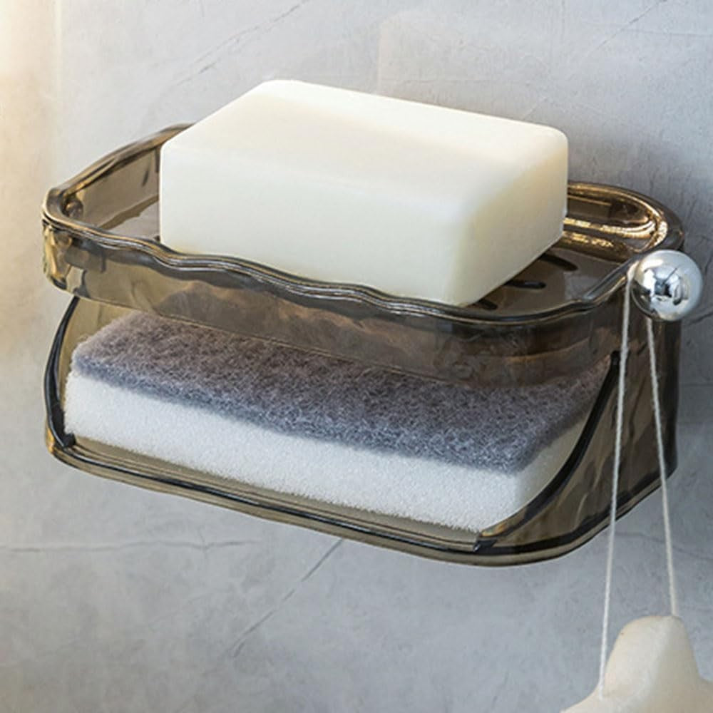 Săpunieră Dublă Pentru Baie, Montare Fără Găurire Cu Adeziv, 2 Straturi Cu Scurgere Și Agățătoare Burete, Material PET, 13.5 x 8.5 x 6 cm, Gri