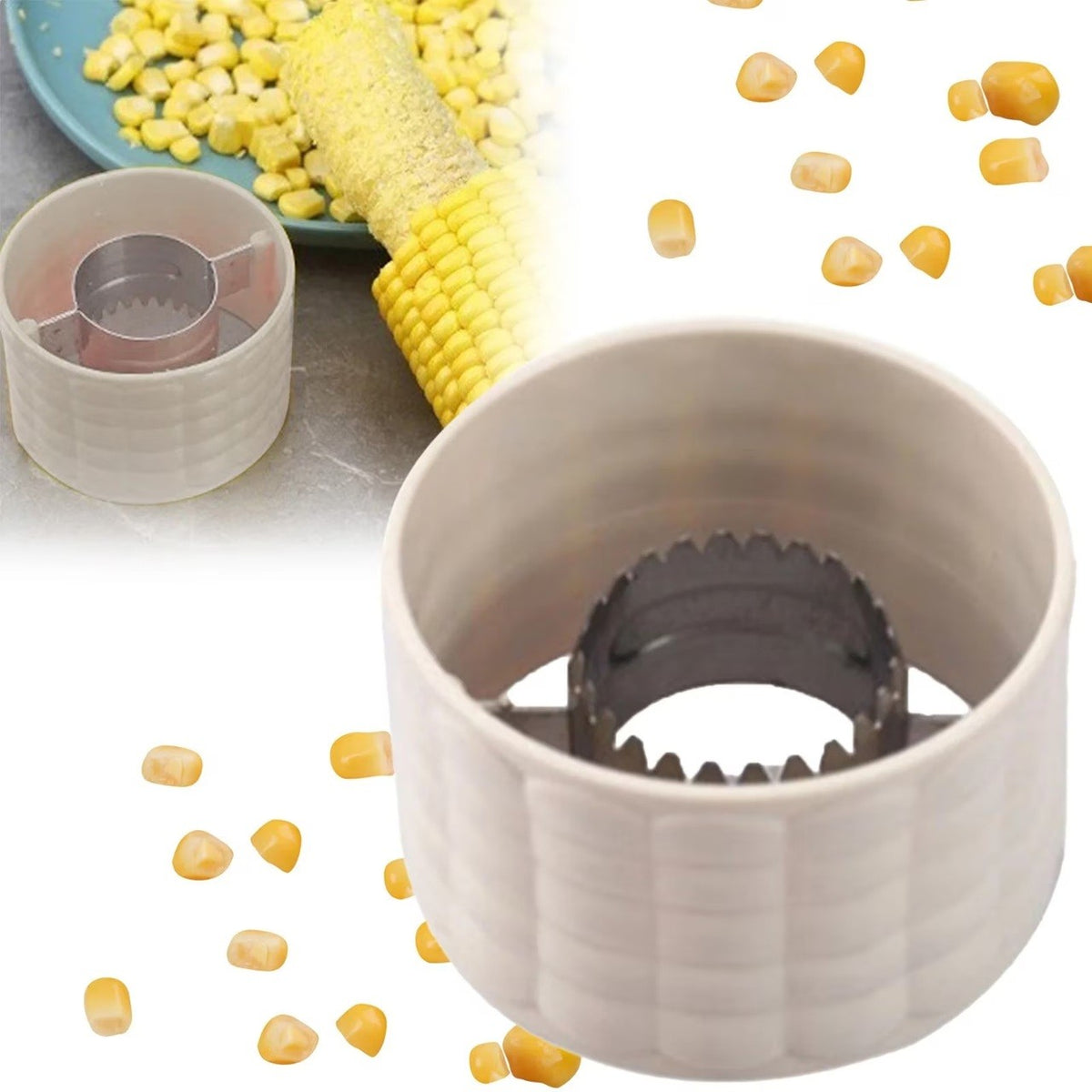 Ustensila pentru Curatare Porumb, Separator Boabe cu Sistem Rotativ, Otel Inoxidabil si Plastic ABS, Diametru 3.6 cm, Alb