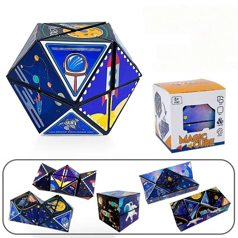 Cub Rubik 3D Transformabil, Jucarie Interactiva Magnetica Anti-stress, Puzzle Geometric, Plastic Non-toxic, Tema Spatiu Cosmic, Multicolor