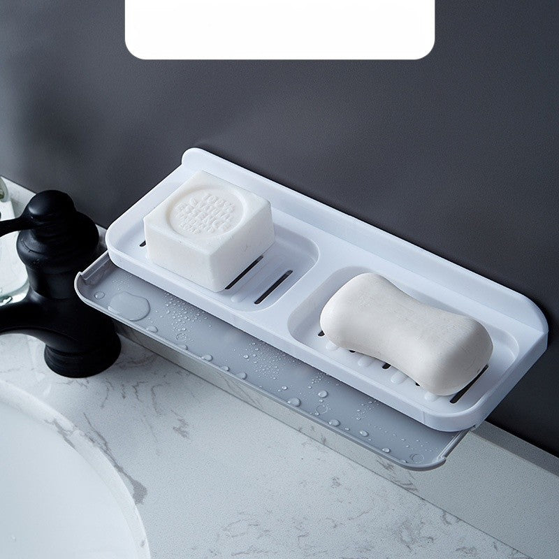 Savoniera Dubla de Perete cu Compartiment de Scurgere, Suport Sapun Tip Sertar, Montare Autoadeziva fara Gaurire, Material PP, 26 x 8 x 4 cm, Alb/Gri