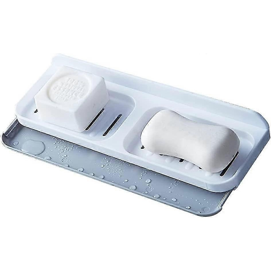Savoniera Dubla de Perete cu Compartiment de Scurgere, Suport Sapun Tip Sertar, Montare Autoadeziva fara Gaurire, Material PP, 26 x 8 x 4 cm, Alb/Gri