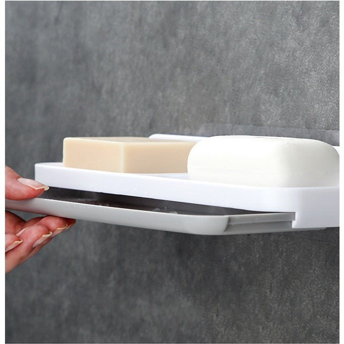 Savoniera Dubla de Perete cu Compartiment de Scurgere, Suport Sapun Tip Sertar, Montare Autoadeziva fara Gaurire, Material PP, 26 x 8 x 4 cm, Alb/Gri