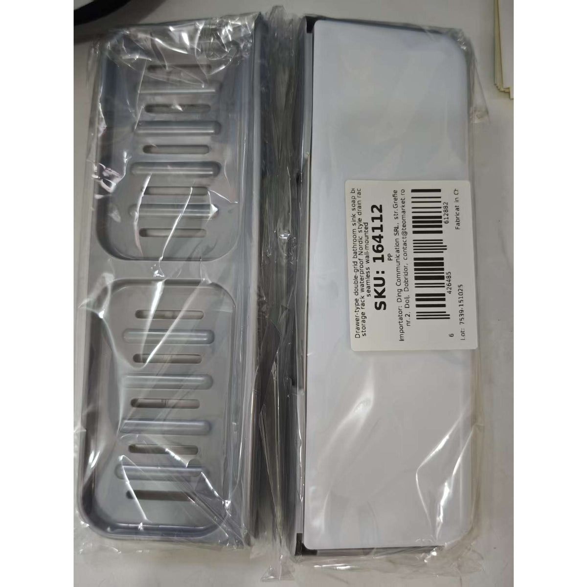 Savoniera Dubla de Perete, Suport Sapun cu Compartiment de Scurgere Tip Sertar, Montare prin Lipire Fara Gaurire, Material PP, 26 x 8 x 4 cm, Gri/Alb