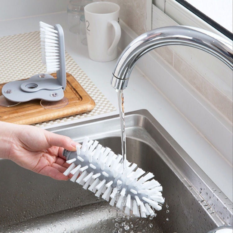 Perie Curatat Pahare si Sticle, Sistem Dublu 2 in 1 cu Curatare 360 Grade, Plastic PP si PVC cu Ventuza de Fixare, 17.5 x 14 cm, Gri