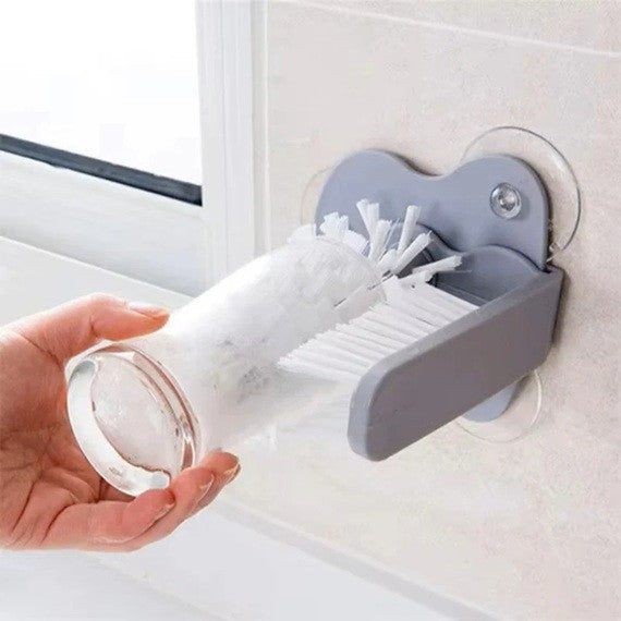 Perie Curatat Pahare si Sticle, Sistem Dublu 2 in 1 cu Curatare 360 Grade, Plastic PP si PVC cu Ventuza de Fixare, 17.5 x 14 cm, Gri