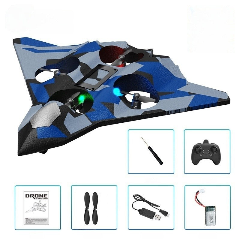 Avion de Lupta cu Telecomanda, Tip Drona, Rotire 360 Grade si Giroscop pe 6 Axe, Spuma EVA Rezistenta la Impact, Incarcare USB, Distanta 100 m, Lumini LED, Model Army, 24 x 25.5 cm, Albastru