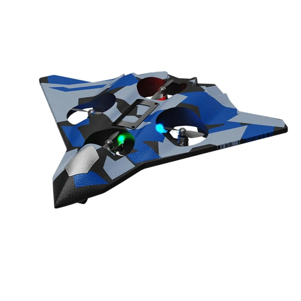 Avion de Lupta cu Telecomanda, Tip Drona, Rotire 360 Grade si Giroscop pe 6 Axe, Spuma EVA Rezistenta la Impact, Incarcare USB, Distanta 100 m, Lumini LED, Model Army, 24 x 25.5 cm, Albastru