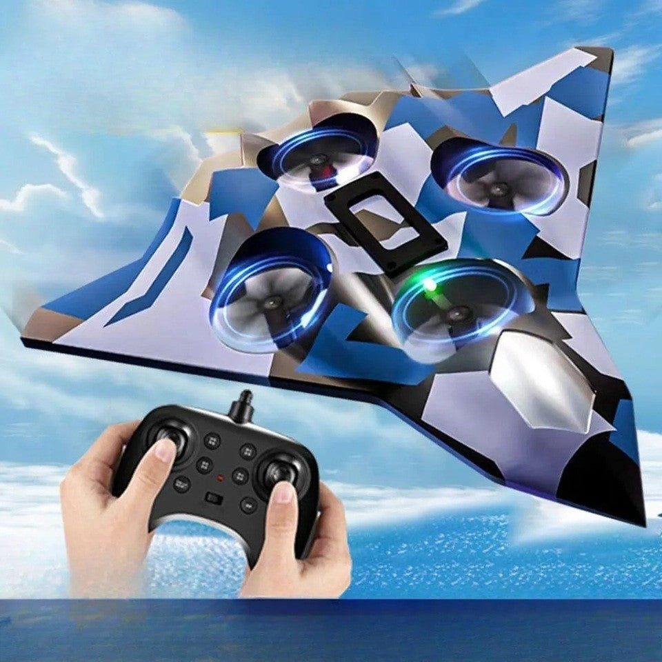 Avion de Lupta cu Telecomanda, Tip Drona, Rotire 360 Grade si Giroscop pe 6 Axe, Spuma EVA Rezistenta la Impact, Incarcare USB, Distanta 100 m, Lumini LED, Model Army, 24 x 25.5 cm, Albastru