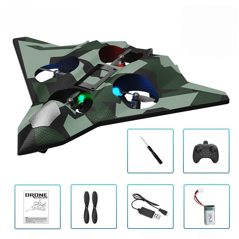 Avion de Lupta cu Telecomanda, Tip Drona cu Giroscop pe 6 Axe, Rotire 360 Grade si Lumini LED, Material Spuma EVA Rezistenta, 2.4 GHz, Raza 100 m, Verde Army, 24 x 25.5 x 4.2 cm