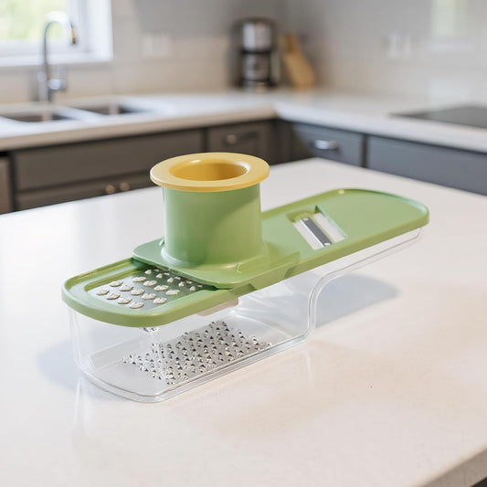 Razatoare Manuala Multifunctionala 3 in 1, Feliator si Mandolina pentru Legume si Usturoi, Recipient Stocare si Protectie Maini, Otel Inoxidabil si Plastic, 15.5 cm, Verde