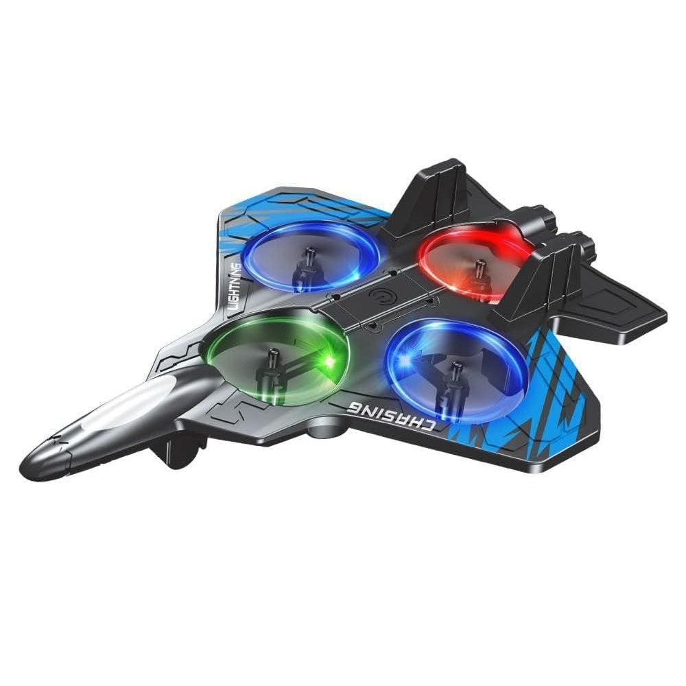 Avion de Lupta cu Telecomanda Tip Drona, Rotire 360 Grade si Lumini LED, Spuma EVA Rezistenta, Control 2.4 GHz, Raza 120 m, Incarcare USB, 25.5 x 18 x 5.2 cm, Negru-Albastru