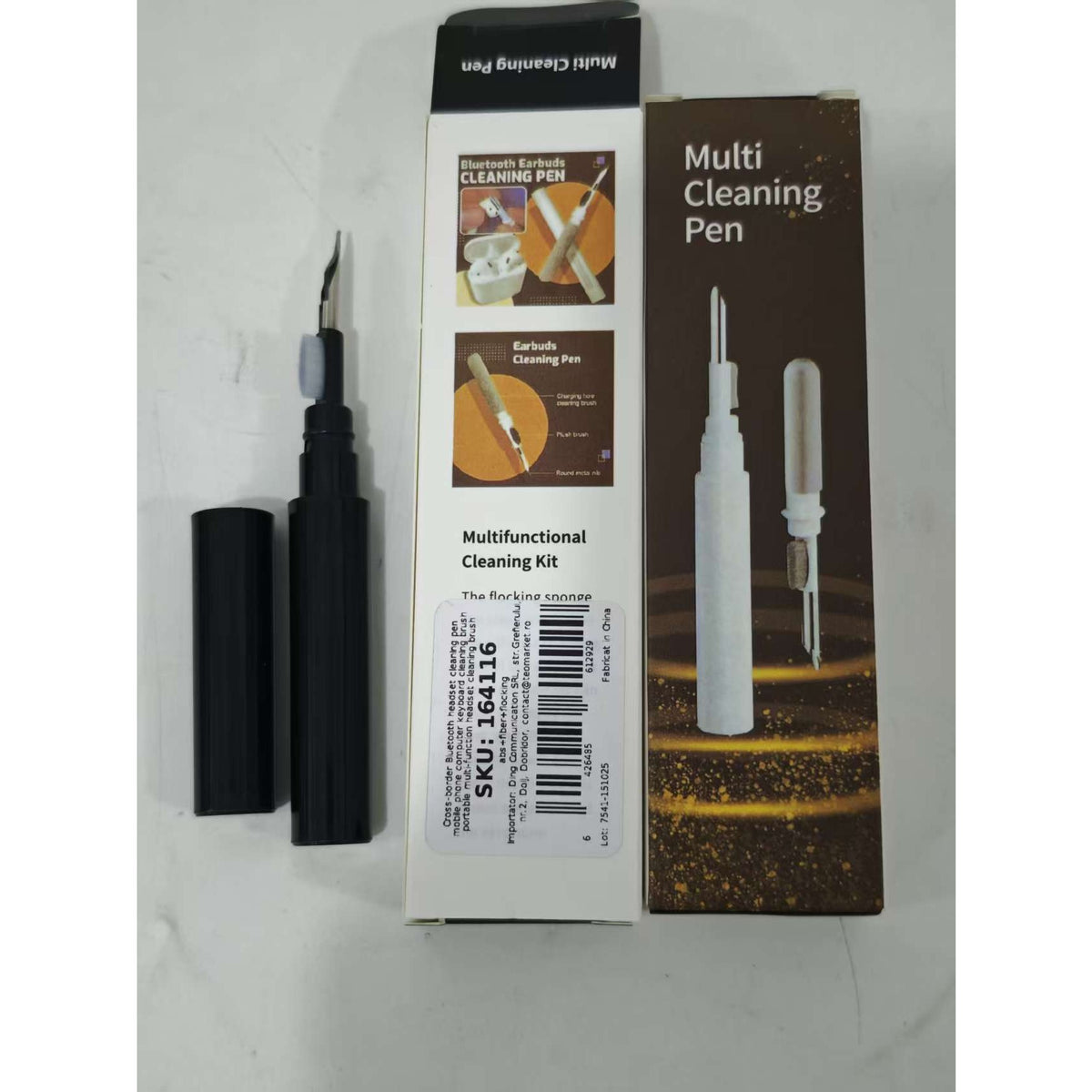 Kit de Curatare Casti 3in1, Stilou Multifunctional pentru Dispozitive Electronice, Varf Metalic si Perie, ABS si Inox, 10.6 x 1.3 cm, Negru