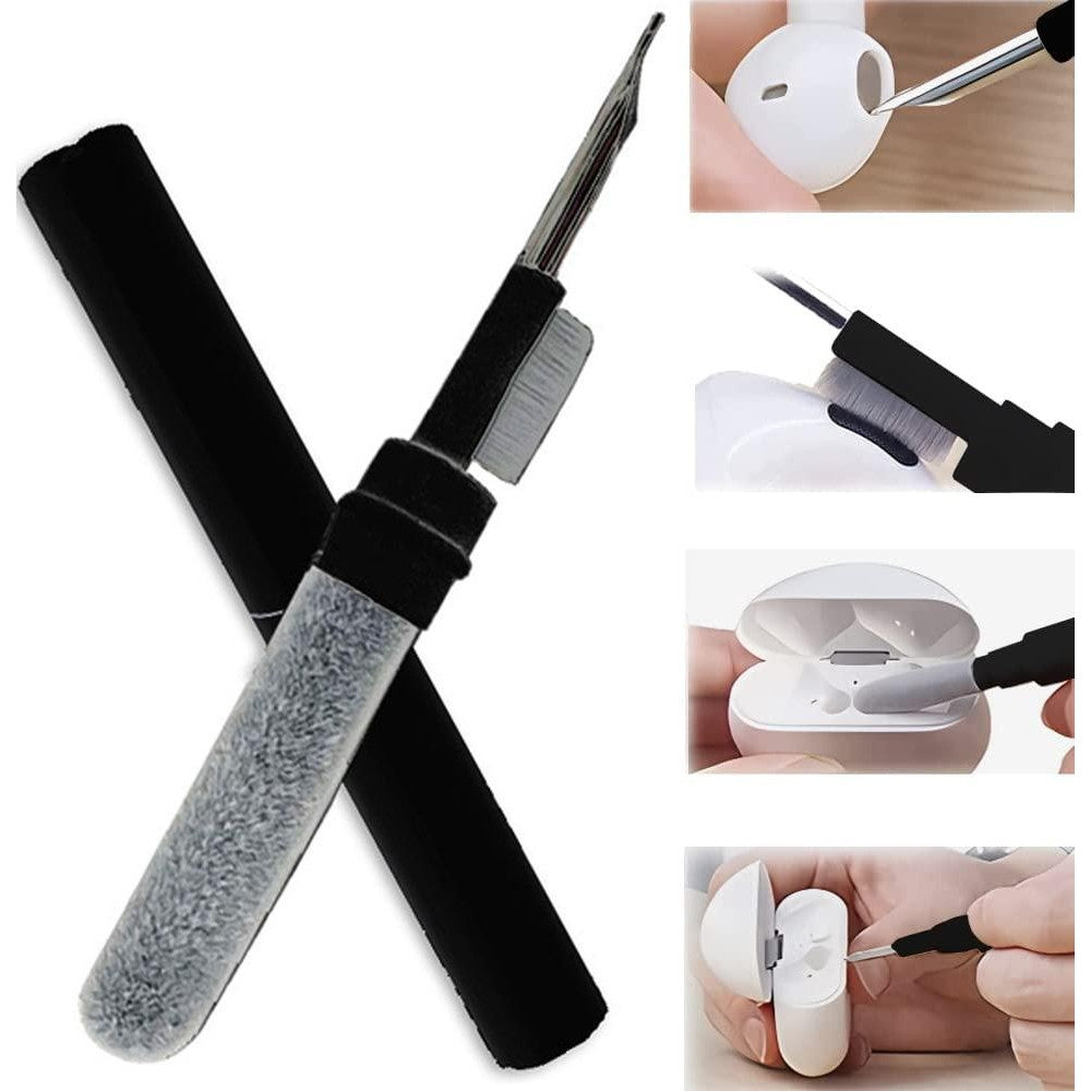 Kit de Curatare Casti 3in1, Stilou Multifunctional pentru Dispozitive Electronice, Varf Metalic si Perie, ABS si Inox, 10.6 x 1.3 cm, Negru