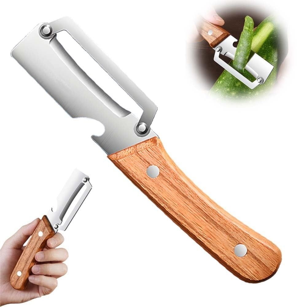 Curățător Fructe și Legume cu Desfăcător de Sticle Integrat, Design 2-în-1 Multifuncțional, Mâner Ergonomic din Lemn și PP, Maro, 130 g