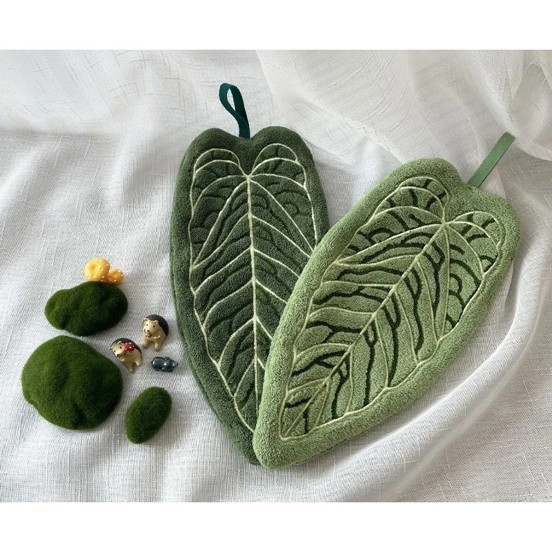 Prosop de Bucătărie Absorbant, Model Decorativ în Formă de Frunză, Material Textil Moale cu Agățătoare, Verde, 32.5 x 15.5 cm