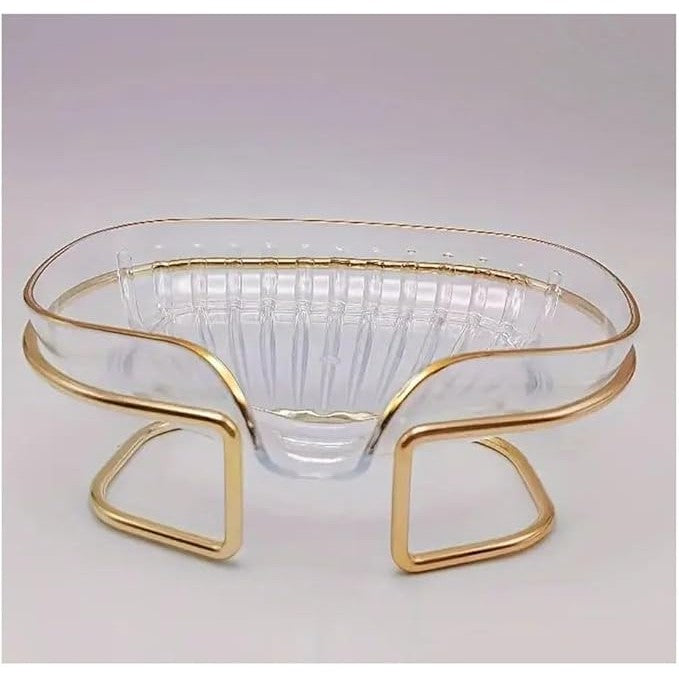 Savoniera cu Suport si Sistem de Scurgere, Design Inclinat cu Margine Aurie, Material TPE Flexibil, Transparent, 14 x 8.5 x 9 cm