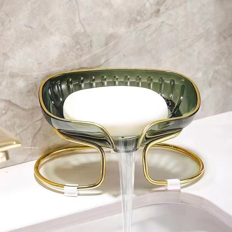 Savoniera cu Suport si Sistem de Scurgere, Design Inclinat la 45 Grade, Margine Aurie Premium, Material TPE Flexibil, 14 x 8.5 x 9 cm, Verde