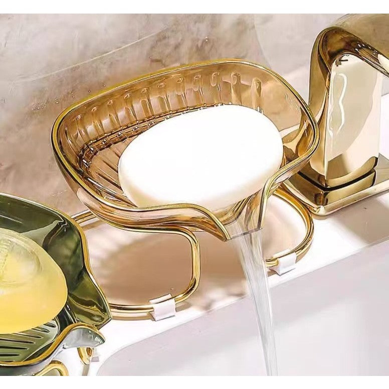 Savoniera cu Suport si Sistem de Scurgere, Inclinare 45 Grade, Design Modern cu Margine Aurie, Material TPE Flexibil, 14 x 8.5 x 9 cm, Auriu