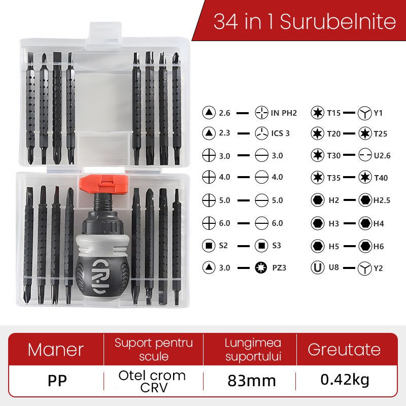 Set de Surubelnite 34-in-1 cu Clichet pentru Electronice si Reparatii Casnice, Maner Ergonomic Antiderapant, Metal, 12 x 10 x 5 cm, Negru Mat