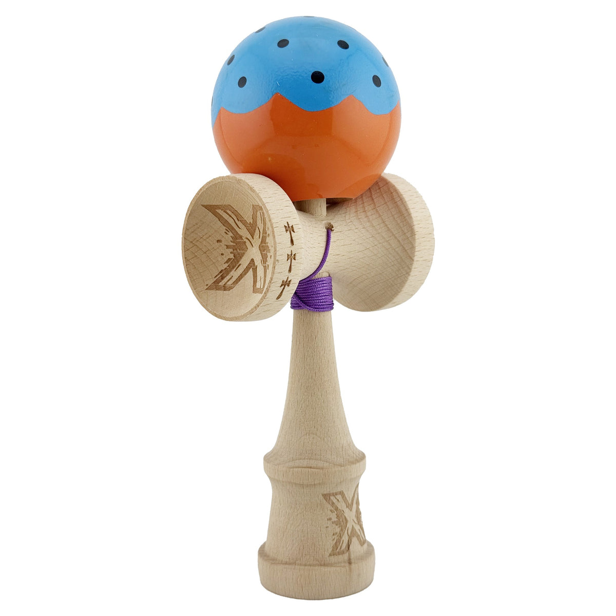 Kendama X Originala, Model Albastru / Portocaliu, Profesionala, Cupe Mari, Super Sticky, Rulment, Ata 55cm