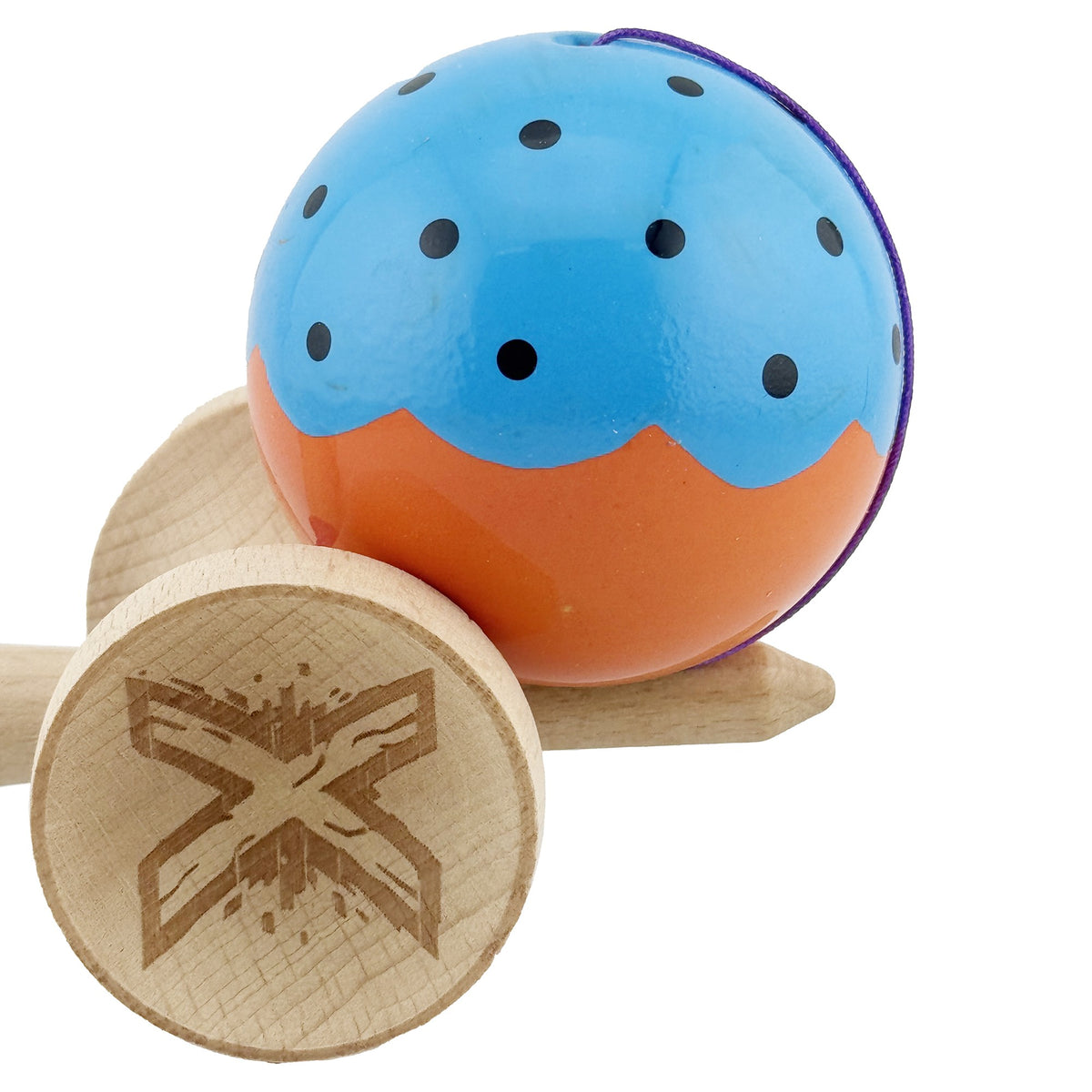 Kendama X Originala, Model Albastru / Portocaliu, Profesionala, Cupe Mari, Super Sticky, Rulment, Ata 55cm