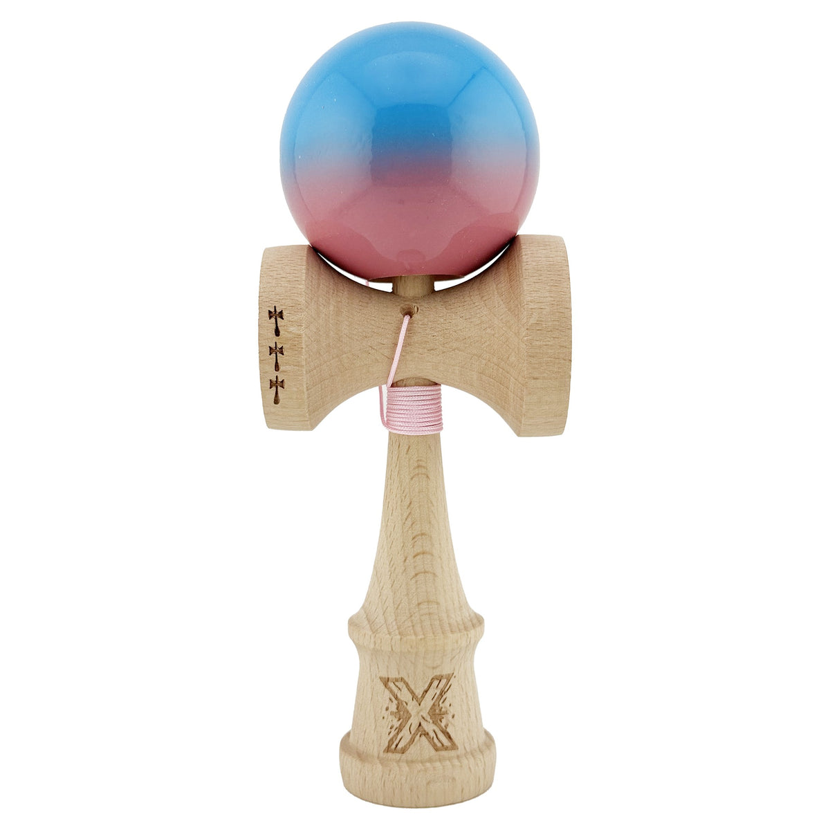 Kendama X Originala, Model Albastru / Roz in Degrade, Profesionala, Cupe Mari, Super Sticky, Rulment, Ata 55cm