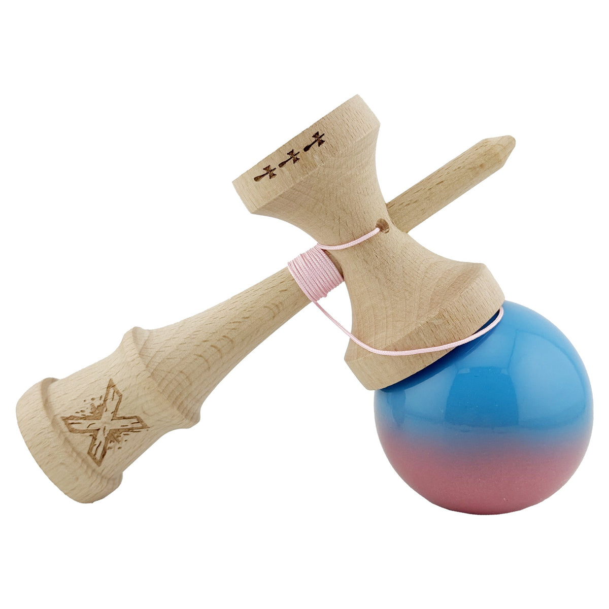 Kendama X Originala, Model Albastru / Roz in Degrade, Profesionala, Cupe Mari, Super Sticky, Rulment, Ata 55cm