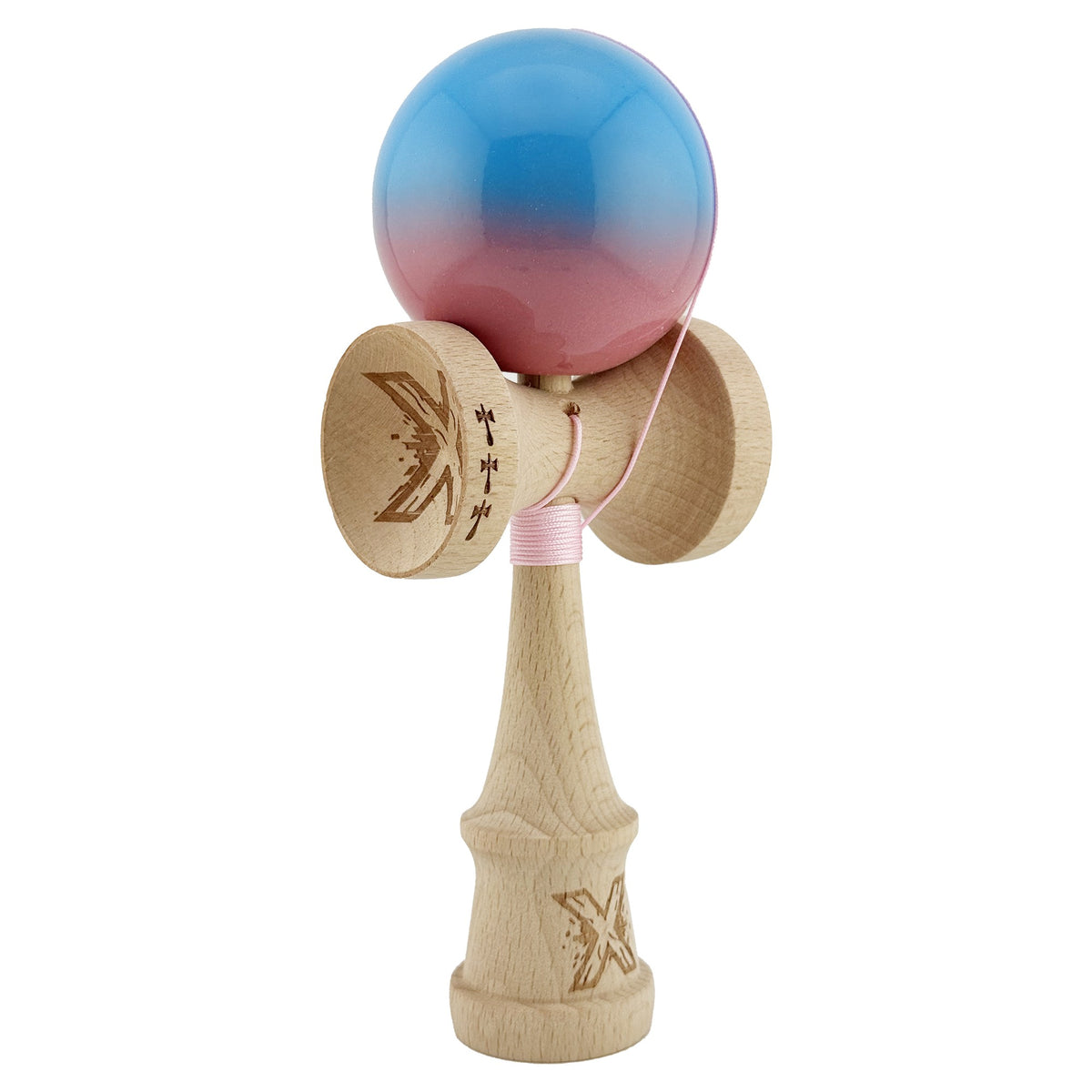 Kendama X Originala, Model Albastru / Roz in Degrade, Profesionala, Cupe Mari, Super Sticky, Rulment, Ata 55cm