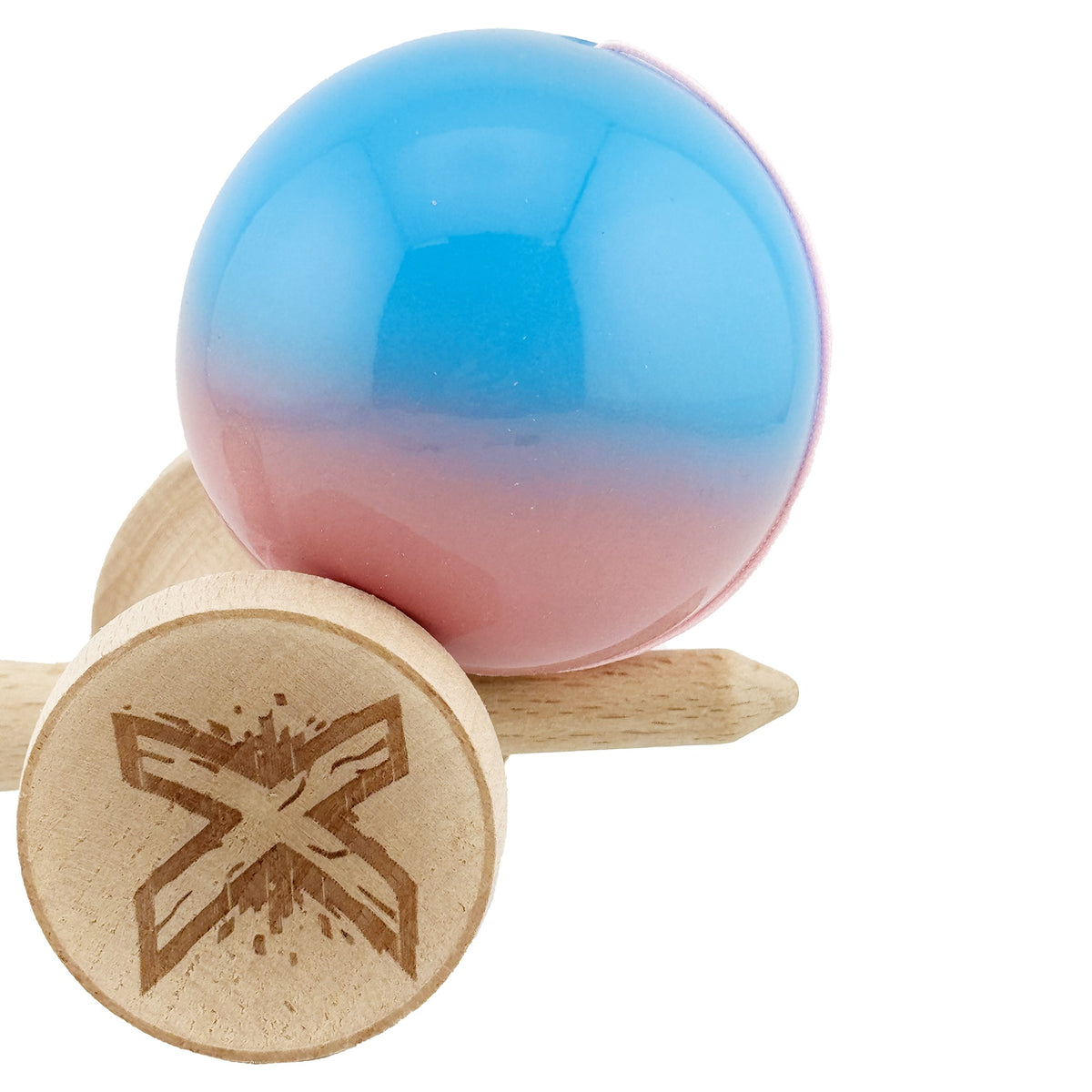Kendama X Originala, Model Albastru / Roz in Degrade, Profesionala, Cupe Mari, Super Sticky, Rulment, Ata 55cm