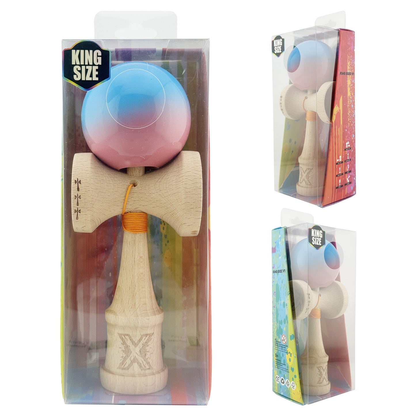 Kendama X Originala, Model Albastru / Roz in Degrade, Profesionala, Cupe Mari, Super Sticky, Rulment, Ata 55cm