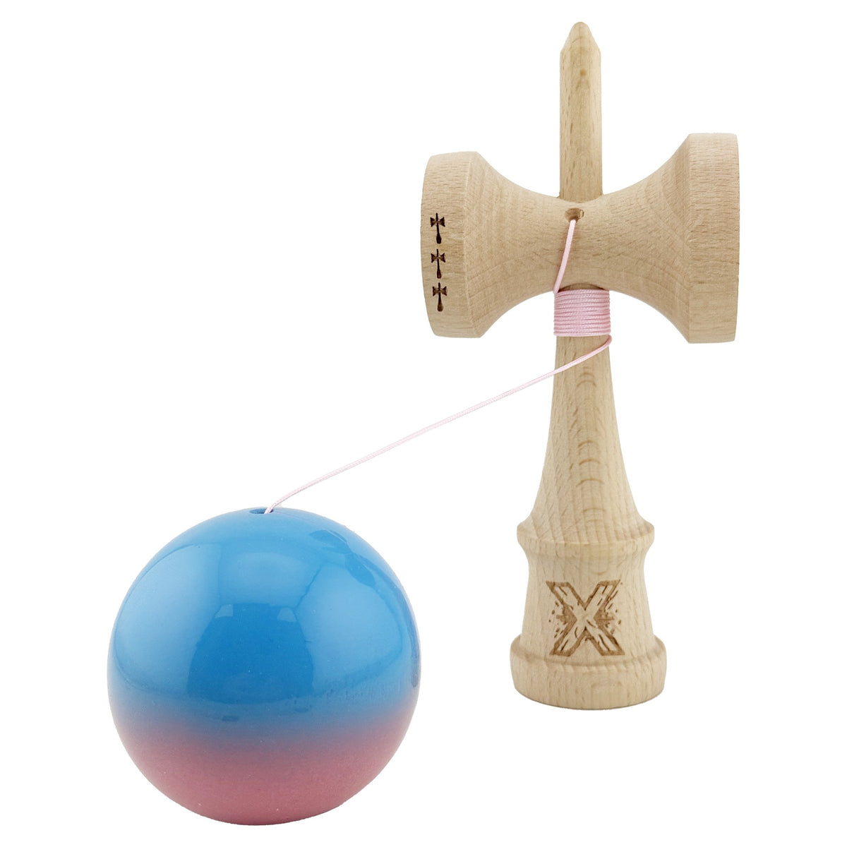 Kendama X Originala, Model Albastru / Roz in Degrade, Profesionala, Cupe Mari, Super Sticky, Rulment, Ata 55cm