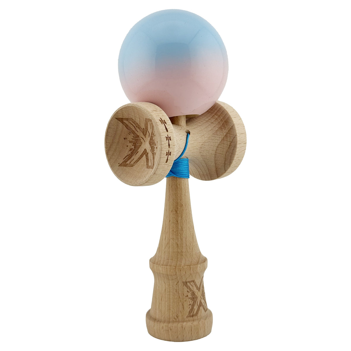 Kendama X Originala, Model Albastru / Roz in Degrade, Profesionala, Cupe Mari, Super Sticky, Rulment, Ata 55cm