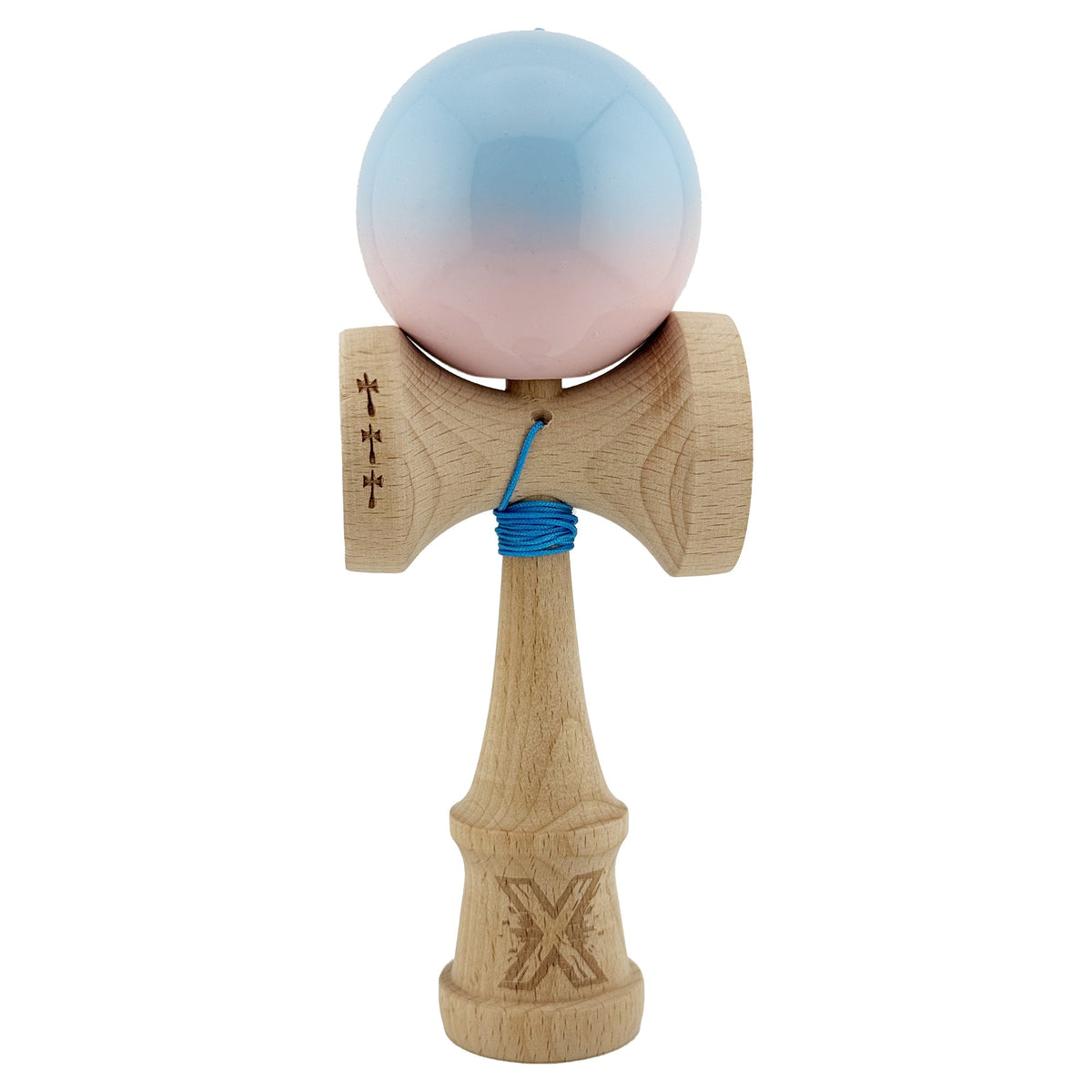 Kendama X Originala, Model Albastru / Roz in Degrade, Profesionala, Cupe Mari, Super Sticky, Rulment, Ata 55cm