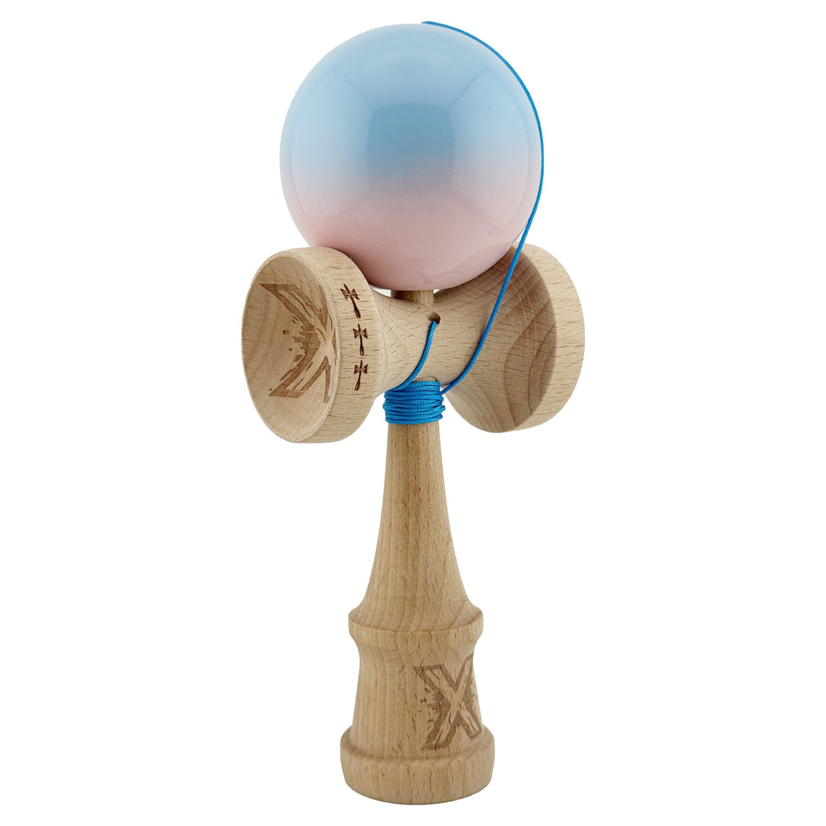 Kendama X Originala, Model Albastru / Roz in Degrade, Profesionala, Cupe Mari, Super Sticky, Rulment, Ata 55cm