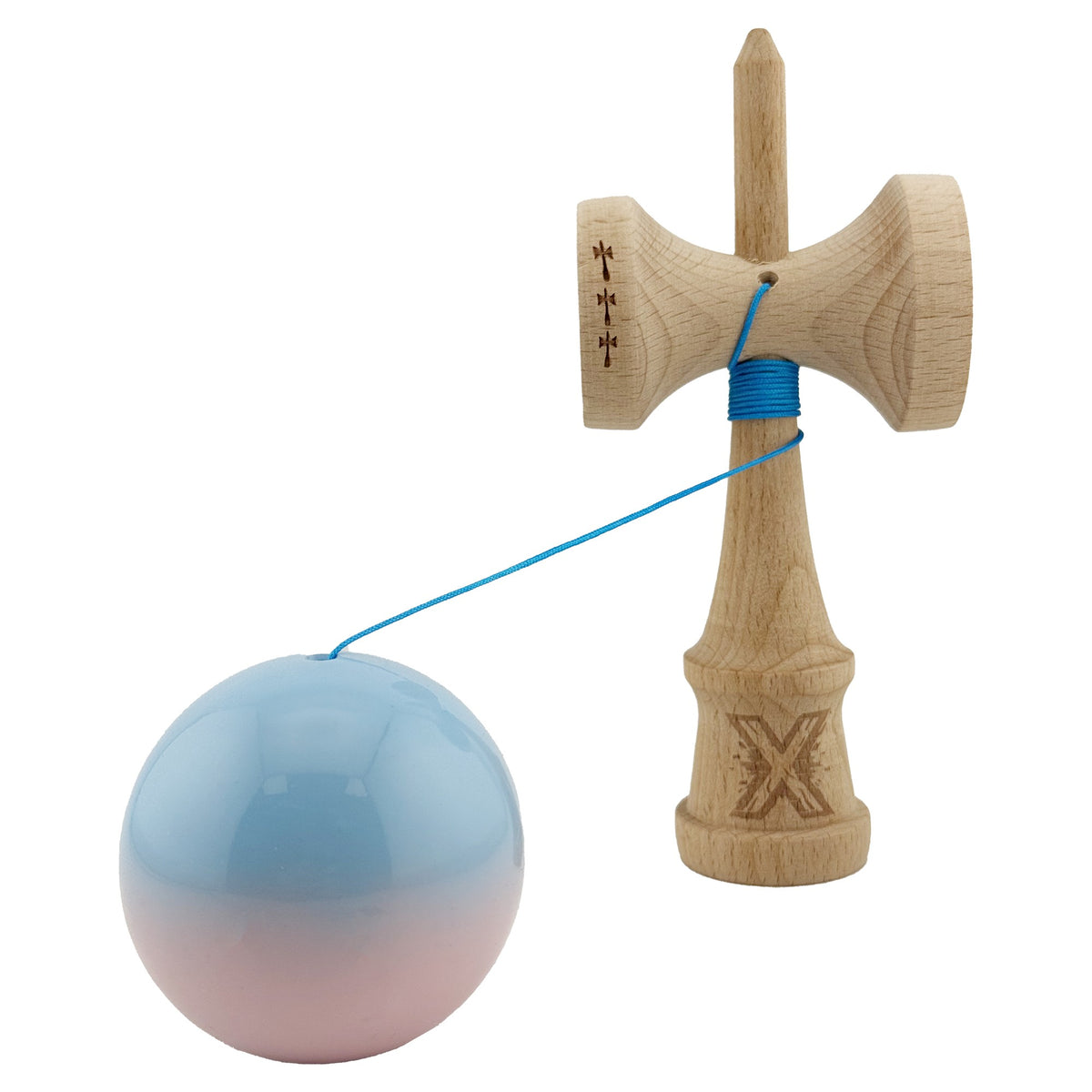 Kendama X Originala, Model Albastru / Roz in Degrade, Profesionala, Cupe Mari, Super Sticky, Rulment, Ata 55cm