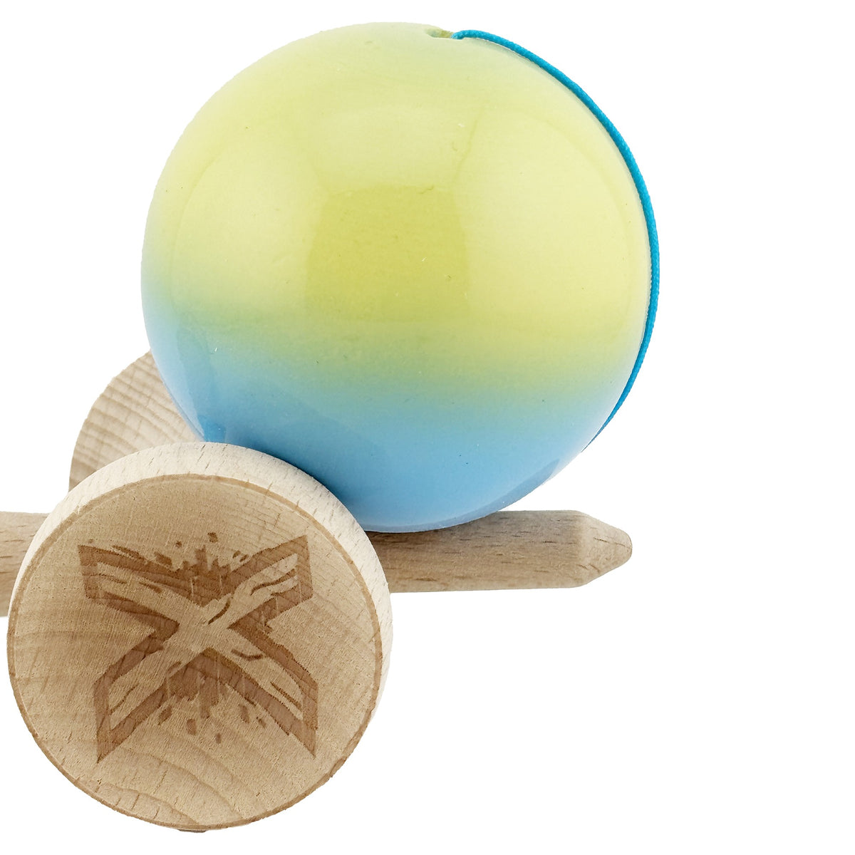 Kendama X Originala, Model Galben / Verde / Albastru, Profesionala, Cupe Mari, Super Sticky, Rulment, Ata 55cm