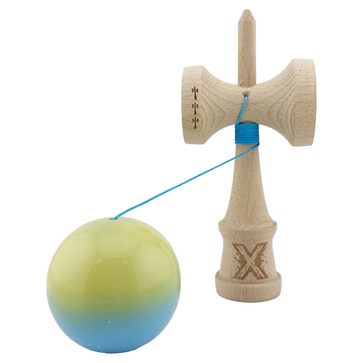 Kendama X Originala, Model Galben / Verde / Albastru, Profesionala, Cupe Mari, Super Sticky, Rulment, Ata 55cm