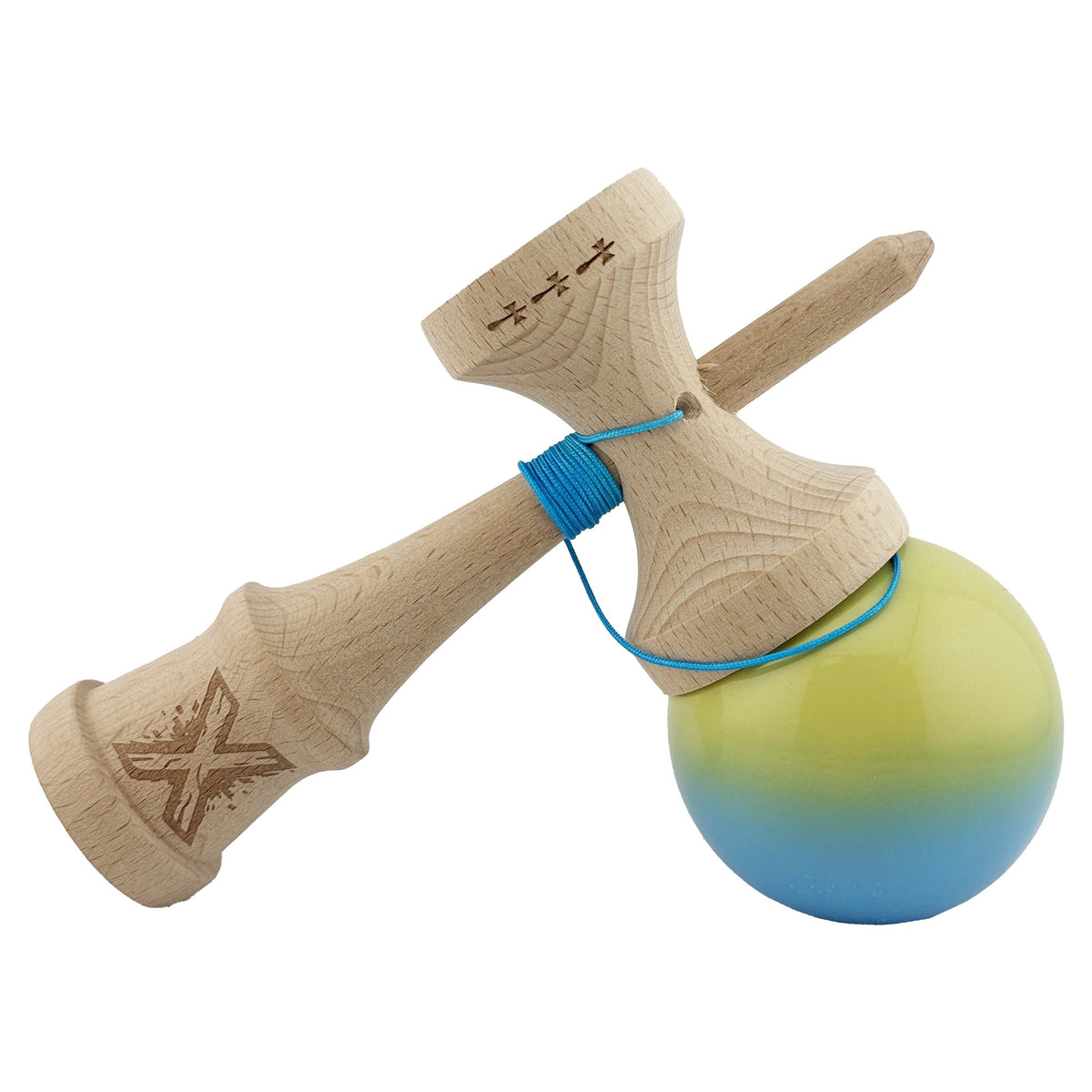 Kendama X Originala, Model Galben / Verde / Albastru, Profesionala, Cupe Mari, Super Sticky, Rulment, Ata 55cm